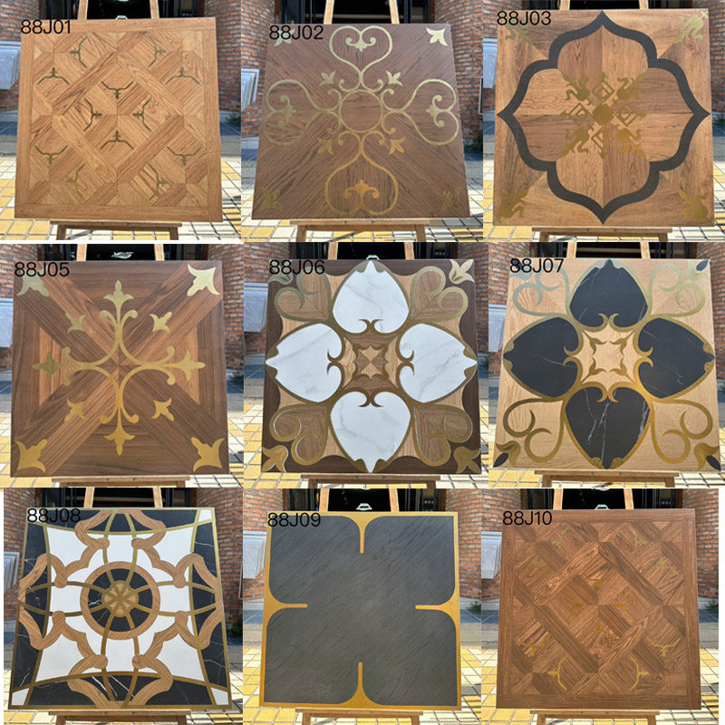 镀金哑光精雕木纹砖800x800拼花地板防滑瓷砖法式古典客厅地砖