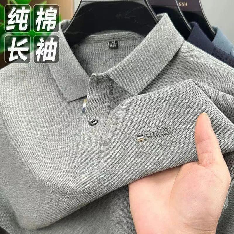 芙曼精选秋冬新款男丝光棉长袖T恤O中年n爸爸装纯色印花休闲POLO