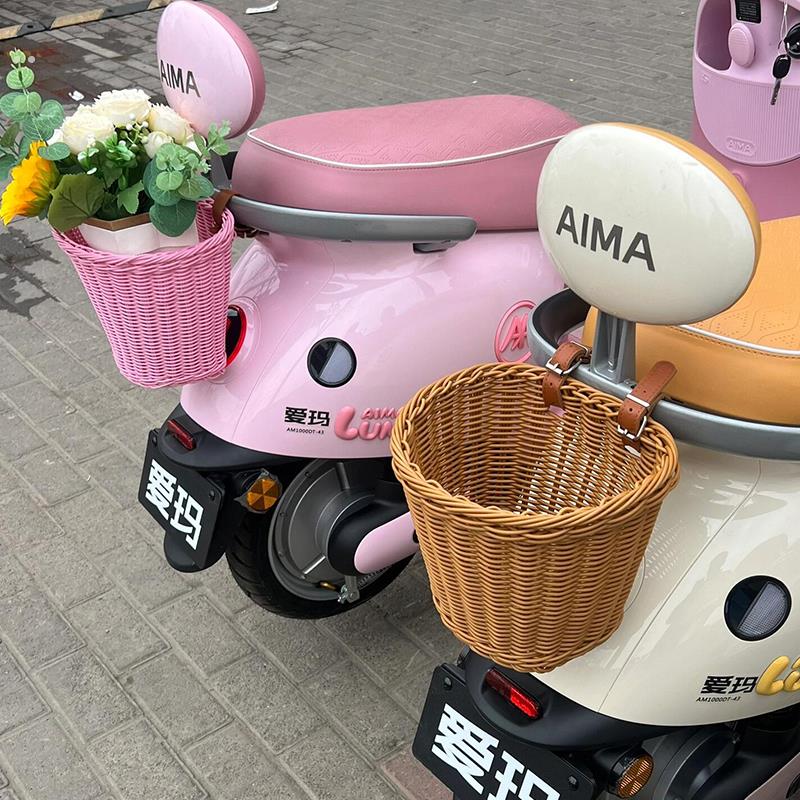 儿童宝宝自行车前车筐三轮滑板车覆古编织车篮子通用遛娃神器车篓