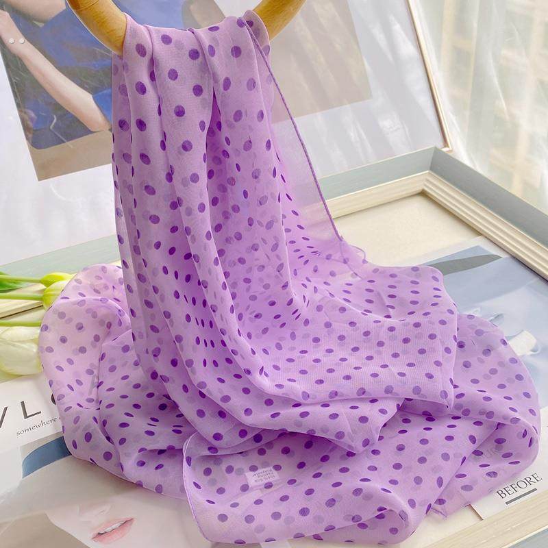 春秋百搭乔其纱波点丝巾女夏季薄款防晒披肩护颈紫色围巾长条纱巾