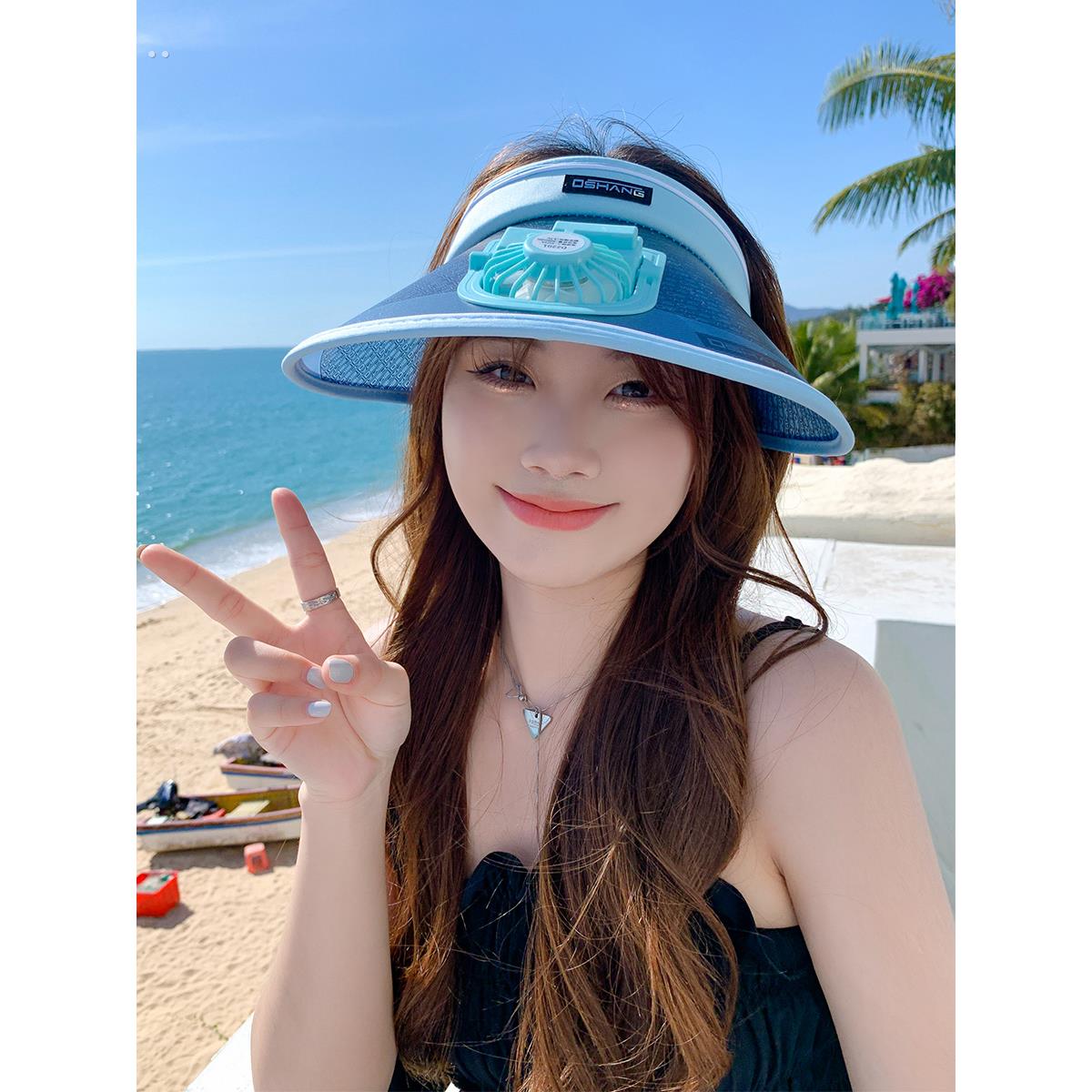 户外骑行遮阳帽女夏季大帽簷风扇帽子遮脸防晒抗UV空顶遮阳帽