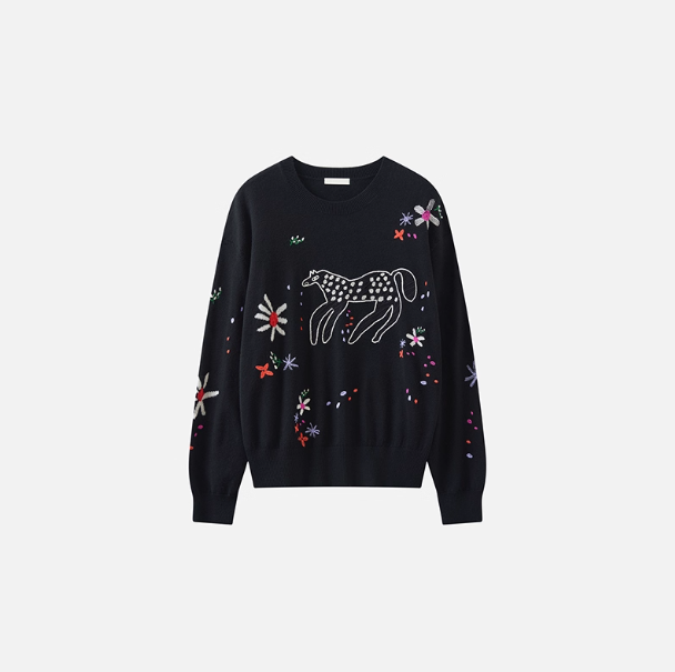 衣播商场女装复古童趣文艺风圆领毛针织衫BDT1SD1403