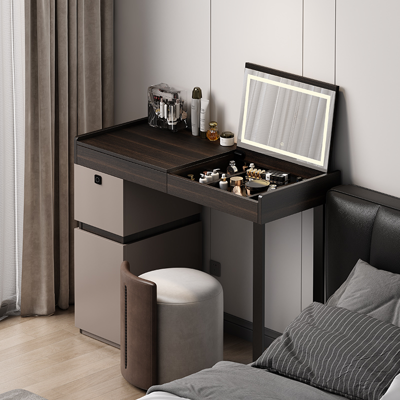 小户型梳妆台80CM轻奢高级感带指纹锁卧室床头翻盖化妆桌一体柜