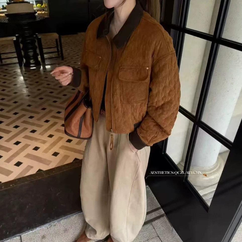 复古风麂皮绒翻领短款棉服外套女2026秋冬新款菱形格百搭减龄夹克