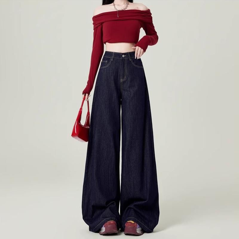 深蓝色牛仔裤女2026夏季新款美式丹宁蓝高腰宽松阔腿拖地直筒裤子