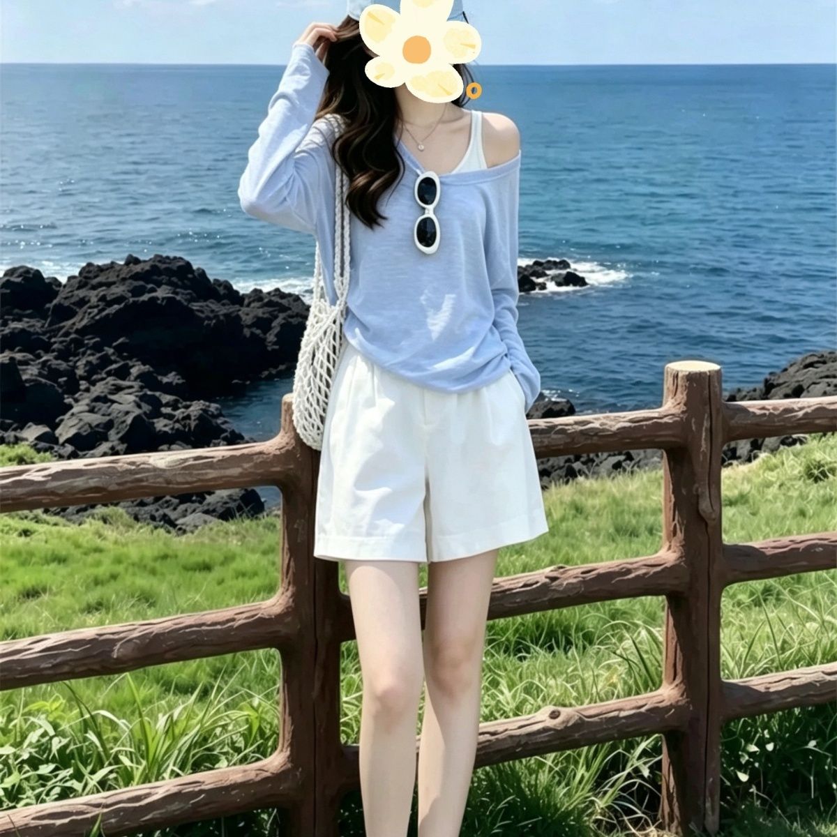 慵懒风蓝色宽松斜肩长袖防晒罩衫t恤女2026新款夏日清迈穿搭上衣