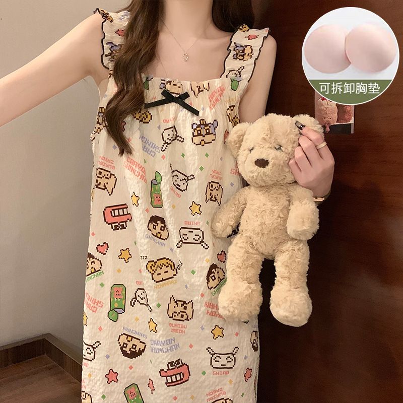 带胸垫夏日吊带睡裙女夏季薄款日系可爱睡衣连衣裙大码孕妇家居服
