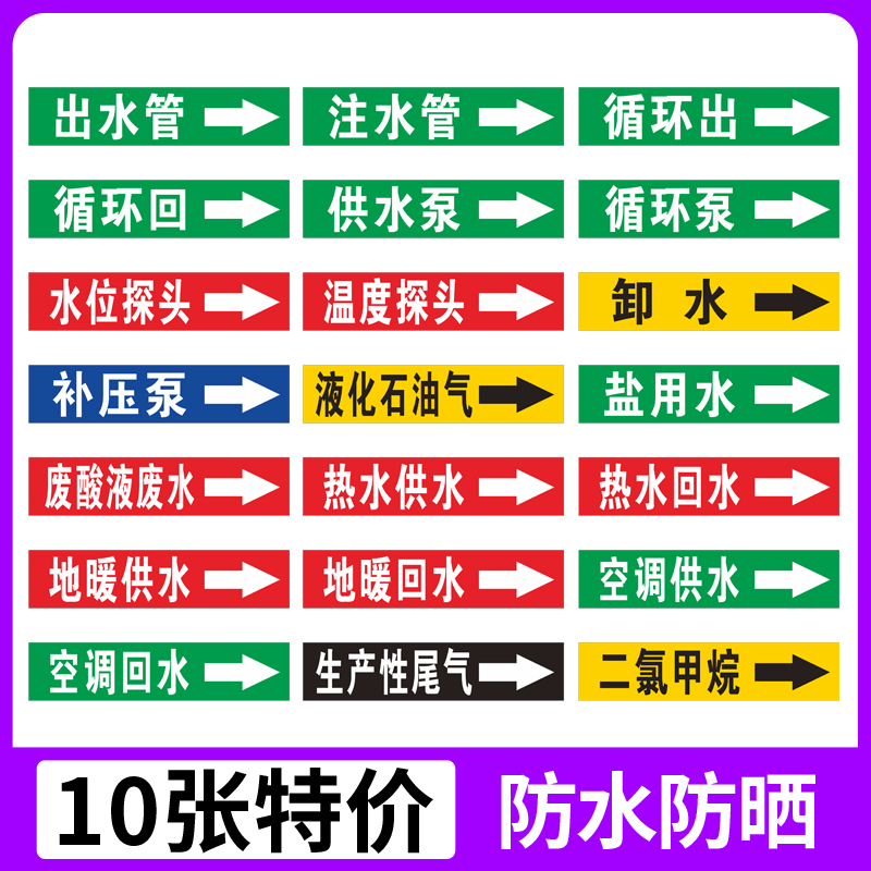 管道流向指示箭头标识聚乙烯反光膜国标色环箭头标签贴工厂热水注水管出水管循环泵地暖空调供水回水管道贴纸