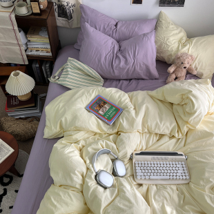 ins纯色混搭四件套A类母婴级床笠款 被套床单人学生宿舍三件套床品