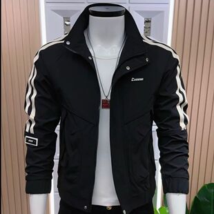 2026新款男士外套黑色修身百搭两条杠立领帅气潮流显瘦春季夹克男