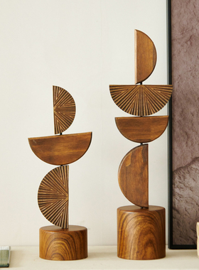 摆件中式玄关半圆形叠叠高木雕塑