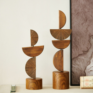 中式传承半圆形叠叠高木雕塑摆创意几何木质艺术家居客厅桌面摆件