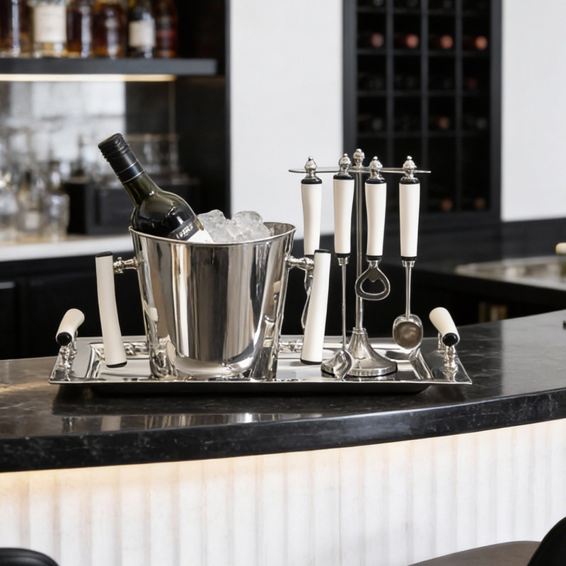 印度进口米白色牛骨手柄不锈钢银色长托盘酒桶开瓶器酒具套装摆件