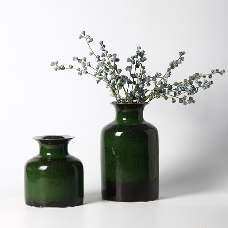 景德镇陶瓷花器墨绿色花瓶摆件客厅插花中式家居别墅高档饰品摆件