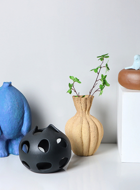 儿童房蓝色棕熊摆件装饰现代客厅陶瓷小鸟花瓶插干花组合软装饰品