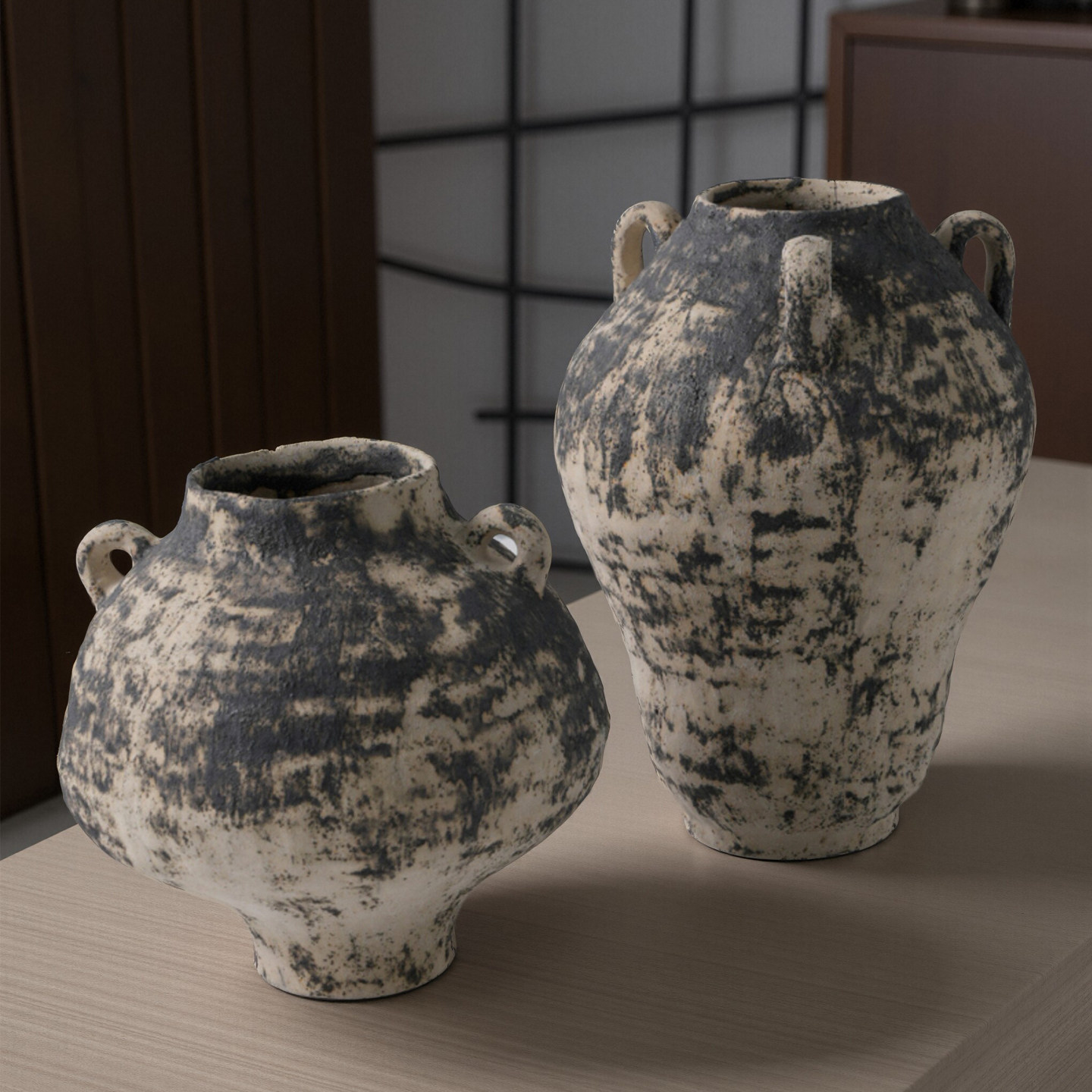 中式复古做旧陶瓷花器手绘三耳花瓶中古客厅玄关桌面软装饰品摆件