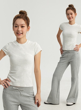 Oneup弹力修身短袖t恤女款夏季美式正肩白色简约透气休闲运动上衣