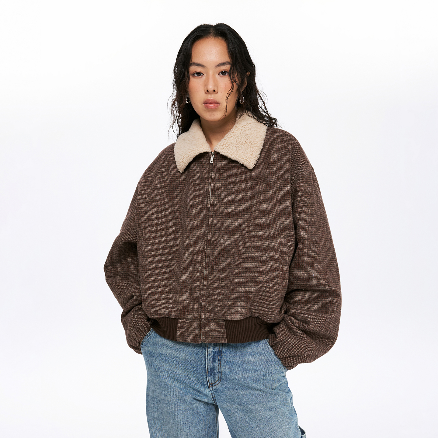 Oneup羊毛格子呢羊羔拉链棉服