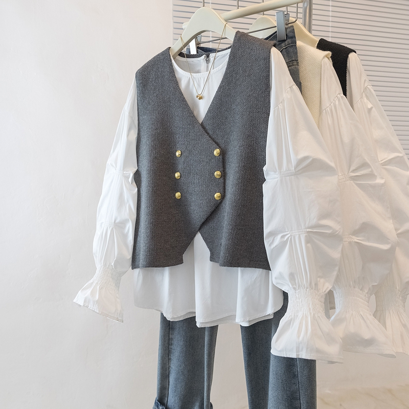 实拍大码女装2025早春新款高级感韩版设计感纽扣马甲衬衫两件套