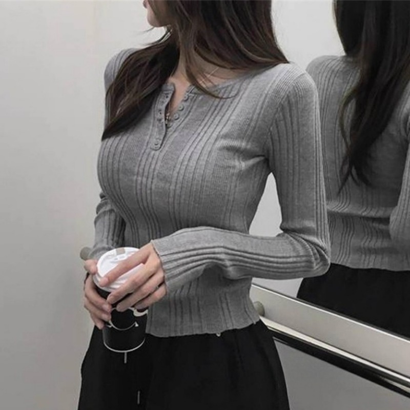 韩国东大门秋冬装新款气质温柔半开领纽扣百搭长袖针织衫女士上衣
