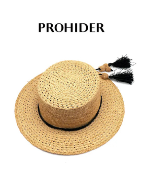 PROHIDER颇嗨 夏季新款手工钩针流苏饰带平顶拉菲草帽均码女