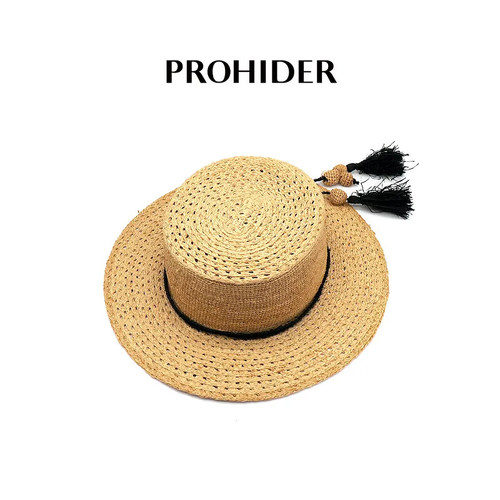 PROHIDER颇嗨 夏季新款手工钩针流苏饰带平顶拉菲草帽均码女