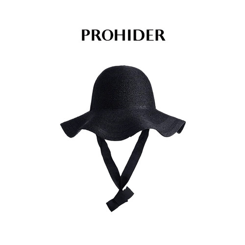 PROHIDER颇嗨 夏季新款立体造型拉菲草波浪大帽檐钟型帽休闲