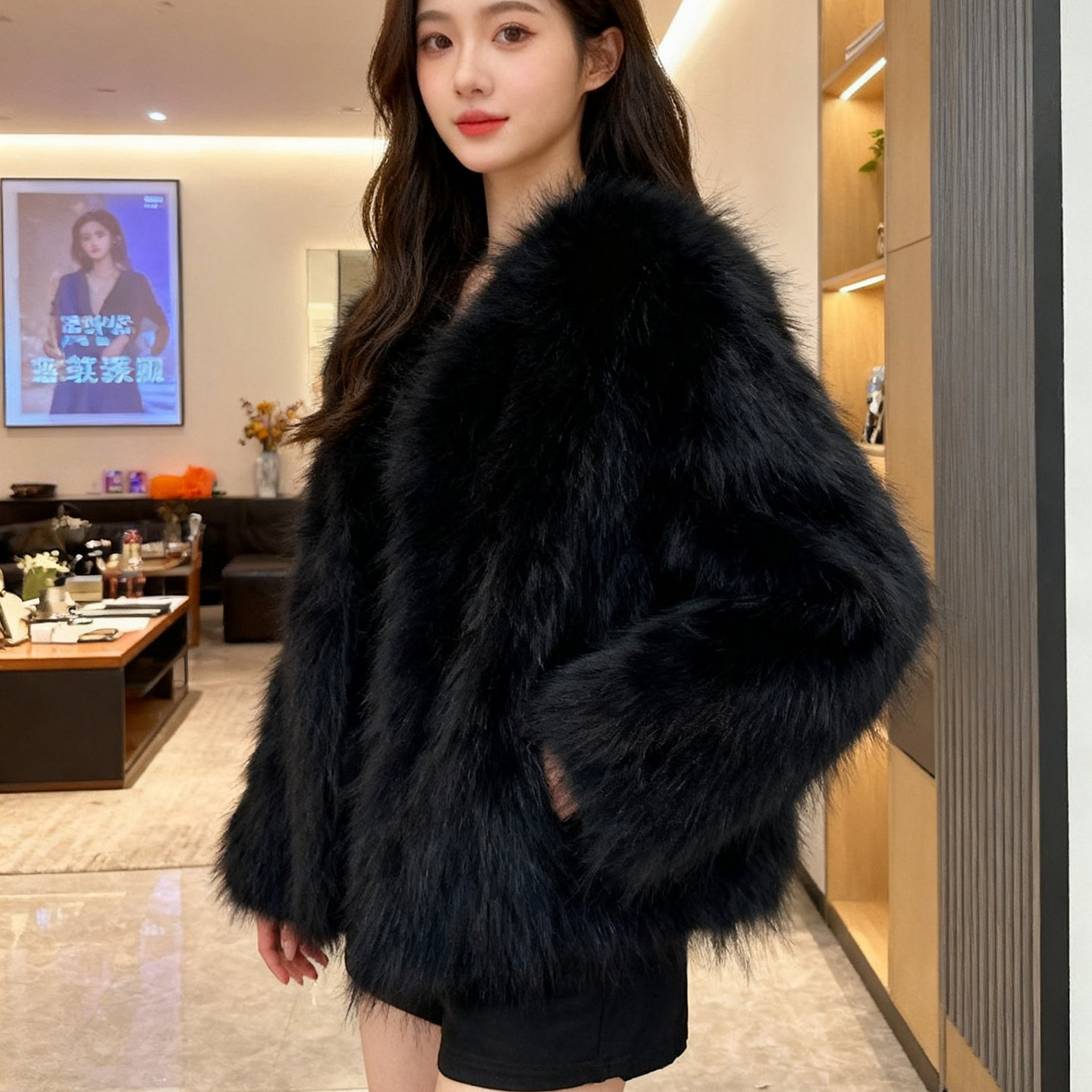 芬兰进口银狐狸毛皮草外套女短款圆领显瘦2025冬新款皮毛一体大衣