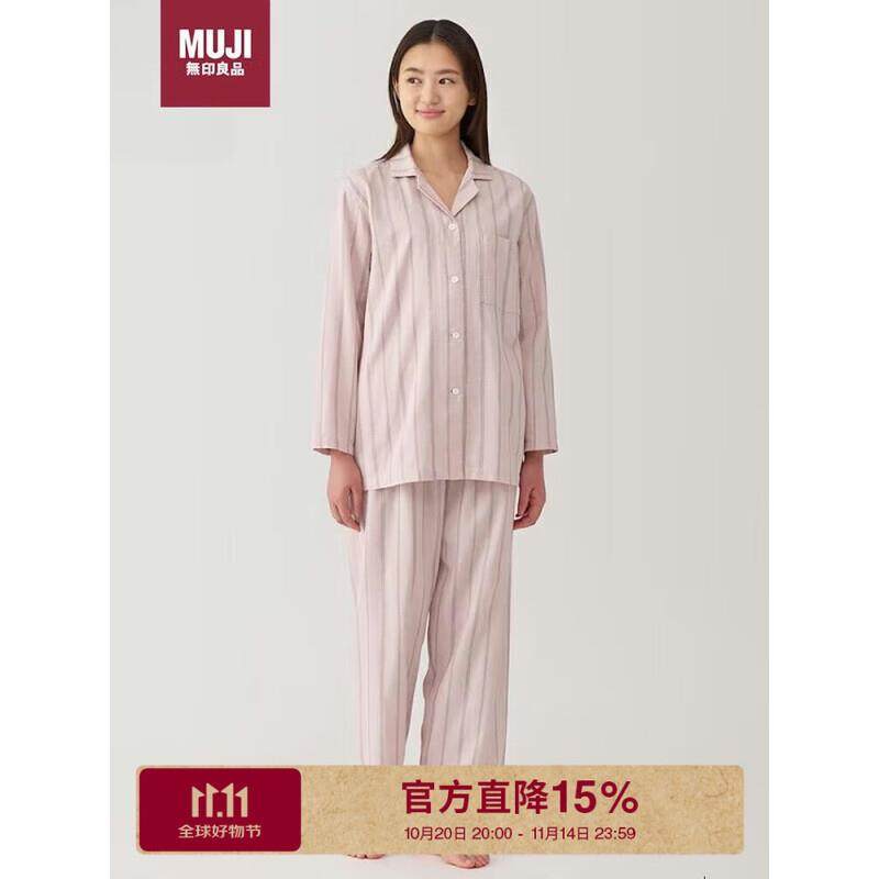 (MUJI)女式无侧缝双层纱织睡衣家居服套装浅粉红色条纹M