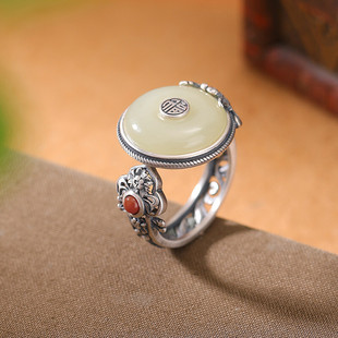 925银复古新中式牡丹花福字平安扣戒指环开口可调节如意镂空百搭