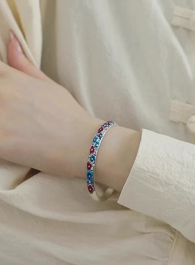 925银复古新中式珐琅彩滴釉红蓝梅花手链民族风女小众设计高级感