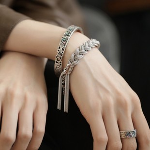 925银复古千丝万缕脏辫编织麻花流苏手链高级感小众设计时尚百搭