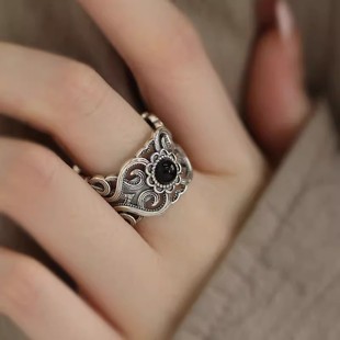 925银复古新中式花雕纹理黑玛瑙戒指环镂空开口调节小众设计高级