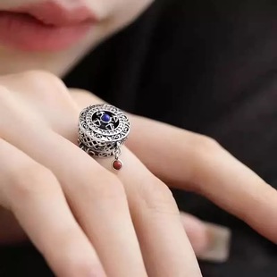 925银复古新中式青金石旋转动戒指环开口可调节金刚杵小众设计女