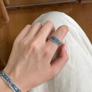 [凤凰木]925银复古新中式珐琅彩戒指环开口调节女小众设计高级感