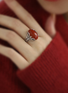 925银复古新中式南红花边蝴蝶戒指环开口调节做旧民族风女高级感