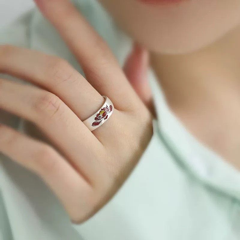 925银复古新中式珐琅滴釉红莲花戒指环女开口调节小众设计高级感