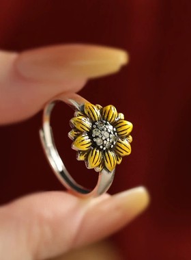 925银复古中式珐琅滴釉菊花戒指