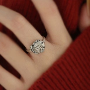 925银复古新中式好运锦鲤小鲤鱼戒指环开口调节小众设计高级感