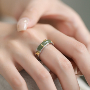 925银复古新中式和田青玉竹节戒指环开口调节女士小众设计高级感