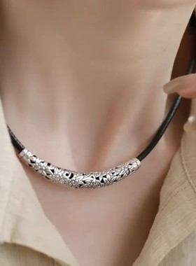 925银复古新中式弯管繁花吊坠项链皮绳女简约百搭小众设计高级感