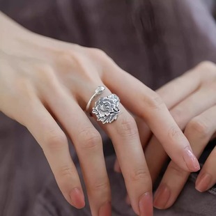 925银复古新中式牡丹花开口戒指环可调节民族风高级感女简约百搭