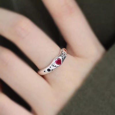 925银复古新中式锆石爱心翅膀戒指环开口调节女士小众设计高级感