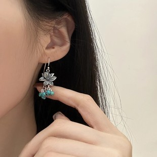 925银复古新中式莲花流苏绿松石耳环女民族风做旧小众设计高级感