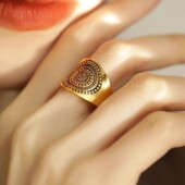 925银复古新中式 波西米亚风小众 古金色圆点戒指环开口调节女宽版