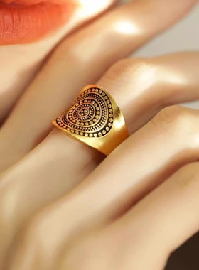 925银复古新中式古金色圆点戒指