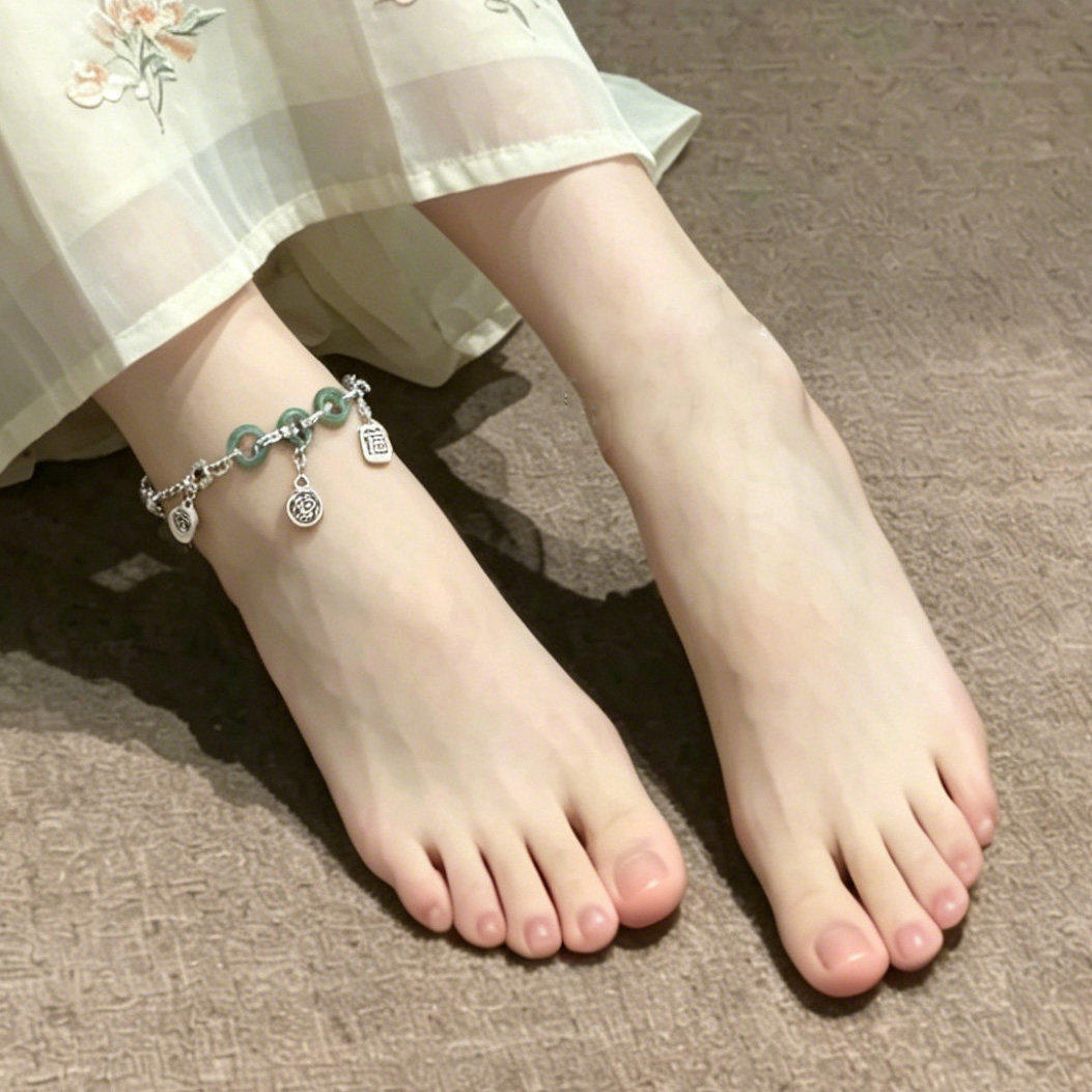 925银翡翠平安扣喜乐招财福牌脚链女简约做旧百搭小众设计高级感