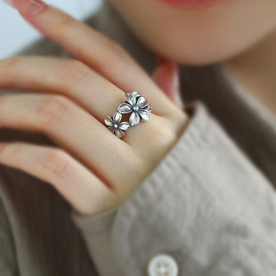 925银复古新中式花朵戒指环开口调节做旧民族风女小众设计高级感