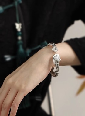 925银复古中式浮雕狐狸樱花手镯