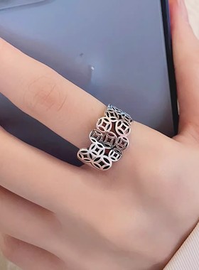 925银复古新中式多层镂空铜钱币戒指环开口调节做旧民族风女小众